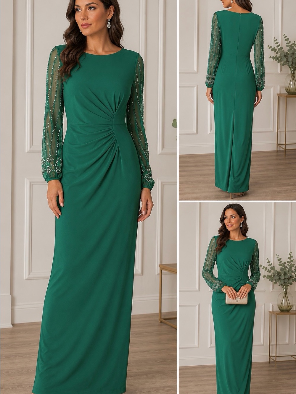 Marina Emerald Beaded Sleeve Boat Neck Sheath Gown NWT Size 4 Formal
